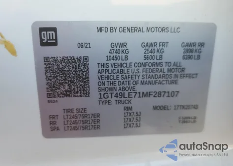 2021 GMC Sierra K2500 Heavy Duty z USA, uszkodzony, nr VIN 1GT49LE71MF287107